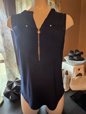 Anne Klein Navy Sleeveless Zip-Front Tank with Gold Accents